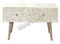 Bone Inlay Side Table - Bone & Mdf Wood, 40x40x50 Cm, Black & White, Matte Finish, Brass Fittings, Geometric Motif