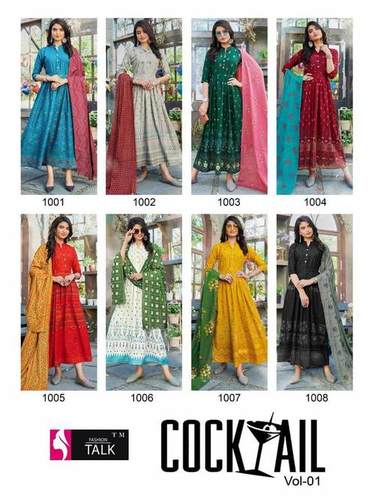 Dry Cleaning Cocktail Vol 1 Rayon 14 Kg Classic Print With Foil Kurtis With Dupatta Catalogue