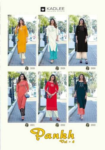 Dry Cleaning Pankh Vol-4 By Kadlee Rayon Handwork Kurtis Plazzo Catalogue