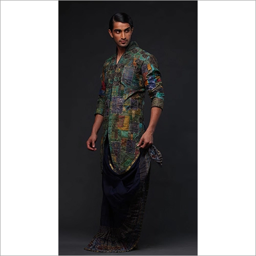 Multicolor Mens Designer Kurta With Dhoti Set