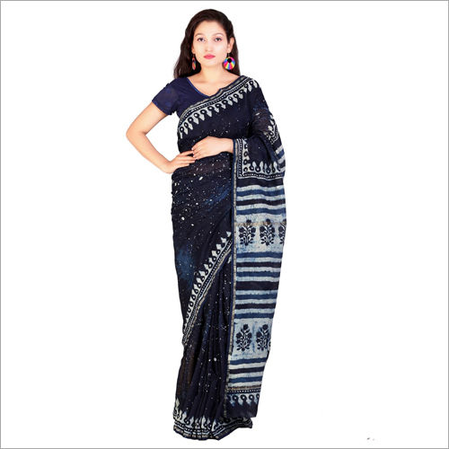 Multicolor Chanderi Original Hand Block Silk Cotton Indigo Print Saree