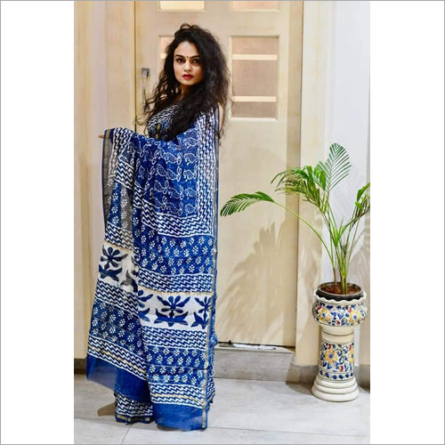 Multicolor Original Hand Block Silk Cotton Indigo Print Saree