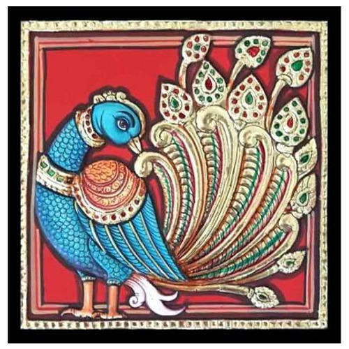 Tanjavur Painting - Teak Wood Frame, 12x12 Inches, Blue | Handmade, Intricate Details, Fiberglass, Auspicious Gift
