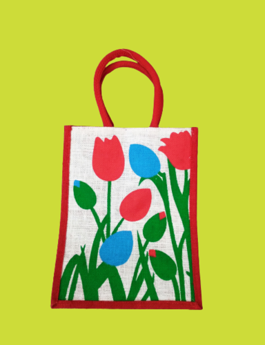Off-White And Red Printed Jute Shopping Bag