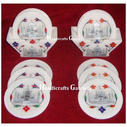 Handmade Marble Taj Mahal Inlay Design Coaster Set For Decorative
