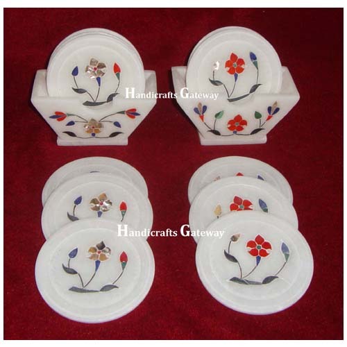 Beautiful White Marble Stone Inlay Tea Coaster Set For Gifts