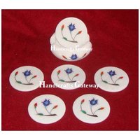 White Marble Lapis Lazuli Stone Inlay Work Tea Coaster