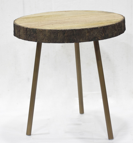 Metal 3 Legs Wooden Top With Bark Home Decor Table