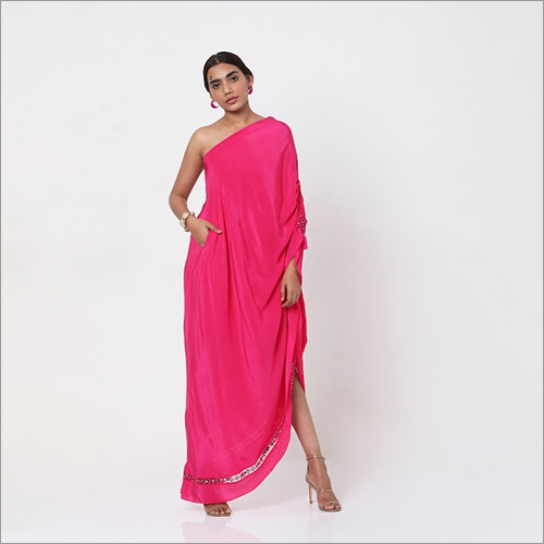 Pink Embroidered One Shoulder Dress By AJANTA FASHIONS