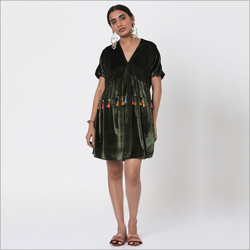 Olive Velvet Short Dress By AJANTA FASHIONS
