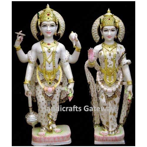 Multi Color Antique Solid Marble God And Goddess Laxmi Vishnu Statue