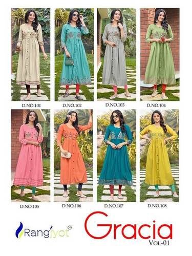 Dry Cleaning Rangjyot Gracia 1 Fancy Rayon Embroidery Kurtis Catalogue