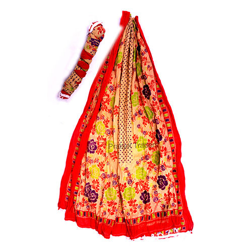 Indian Orange Color Cotton Printed Lace Dupatta