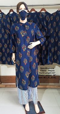 Rayon Printed Kurti - Pure Cotton Ethnic Attire With 40" Length, 38" Plazo & 2.5 Mt Dupatta | Dry Clean, Washable, Classic 3-4th Sleeve, Summer-winter Friendly
