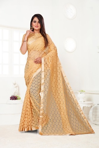 Fancy Saree - Russel Satin Lace, 5.5 Meters Long x 1.1 Meters Wide, Beige Color | Comfortable Fit, Elegant Floral Design, Lace Details, Soft Fabric