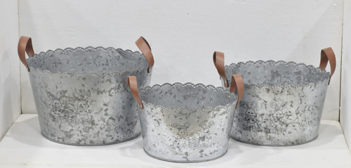 Set of 3 Round Planter With Leather Handle
