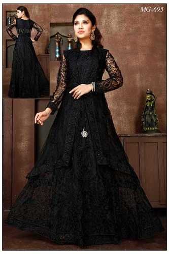 Elegant Floor-Length Black Net Gown with Long Sleeves