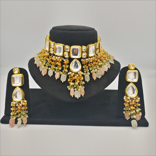 Kundan Choker Neckalce set with Peach and Mint Drops