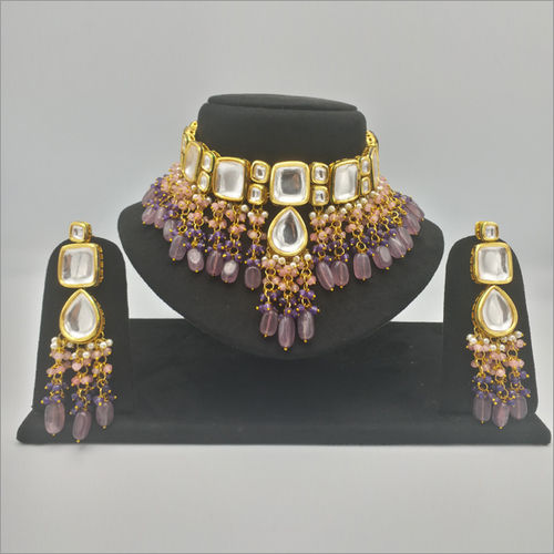 Kundan Choker Neckalce set with Peach and Purple Drops