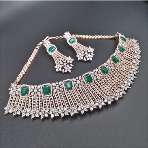 Emerald Stone Diamond Necklace with Earrings