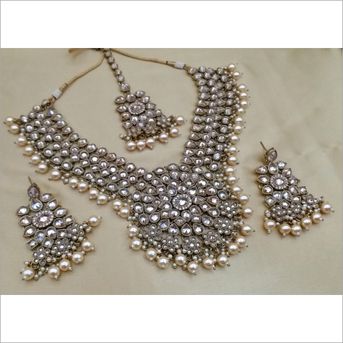 Reverse AD Mehendi Polish Necklace with Earring and Maangtikka and Pearl drop