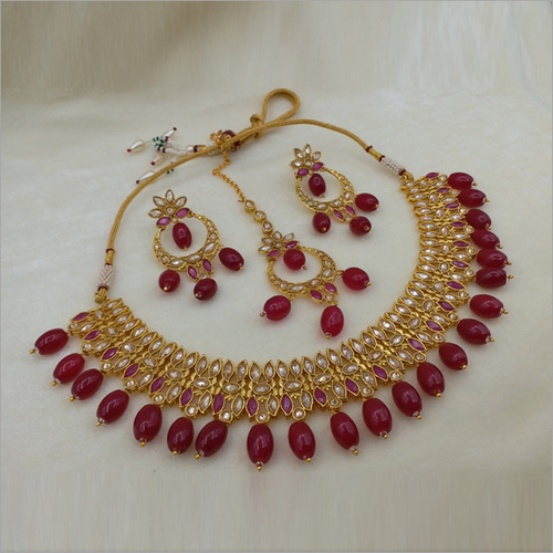 Reverse AD Necklace with Earring and Maangtikka with Ruby drop