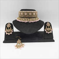 Reversed AD Choker Necklace with earring and maangtikka with Pink Drop