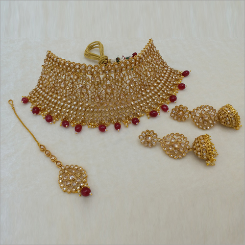Reversed AD Choker Necklace with Jumkhi with Ruby Drop
