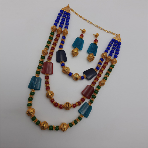 Blue and Red Stone Layered African Beads Necklace with Earring By KYRIA