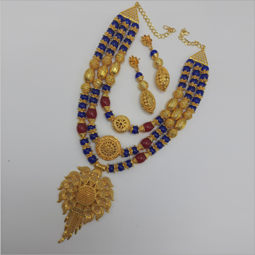 Blue and Red Stone Layered Necklace with Earring