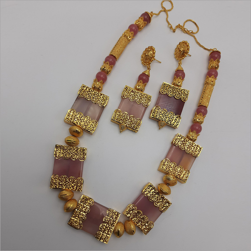 Pink Stone African Bead Necklace With Earrings