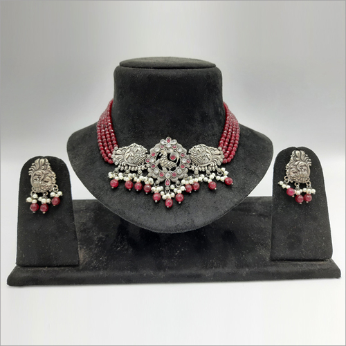 Ruby Glass Pearl and Drop Oxidize Choker Necklace set By KYRIA