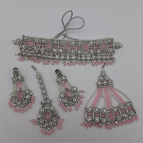 Pink Pakistani Jewellery Necklace with Earrings, Maangtikka and Passa