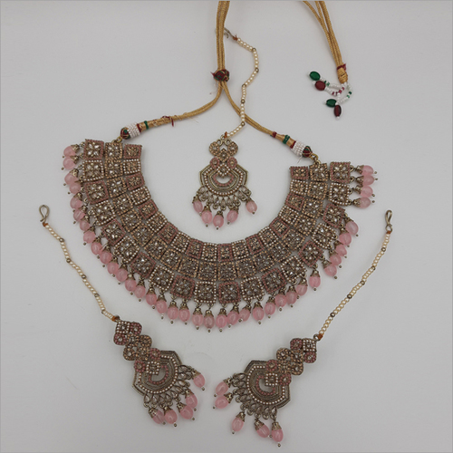 Pink Pakistani Necklace with Earrings, Maangtikka