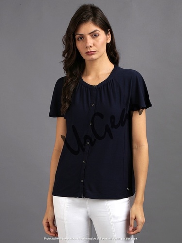 Women Navy Solid Top Decoration Material: Cloths