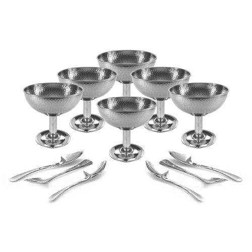Stainless Steel Set of 12-6 Diamond Long Stand Design ice Cream Cup and 6 ice Cream Spoon