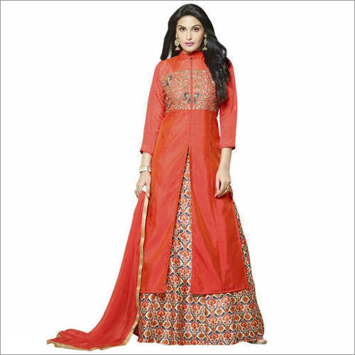 Maroon Ladies Semi Stitched Skirt Suit