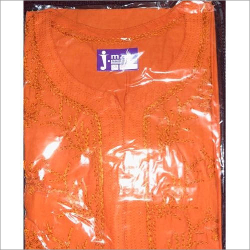 Ladies Orange Cotton Kurti - Cotton Fabric Sizes S-M-L-XL Orange Color | Quick Dry Washable 3-4th Sleeve Embroidered Ethnic Design for All Seasons