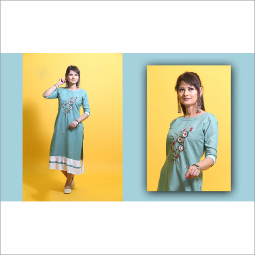 Ladies Straight Pure Diya Slub With Heavy Hand Work Kurti