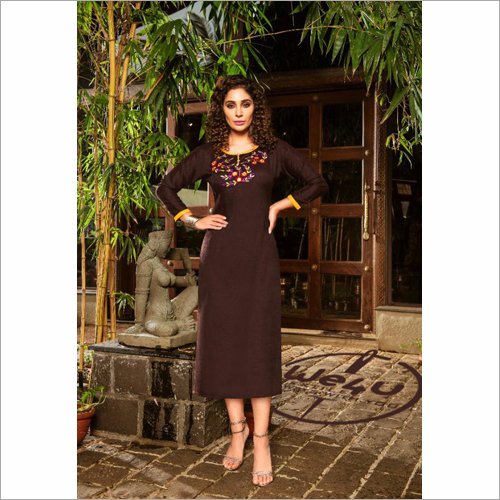 Two Tone Slub Brown Hand Embroidered Kurti