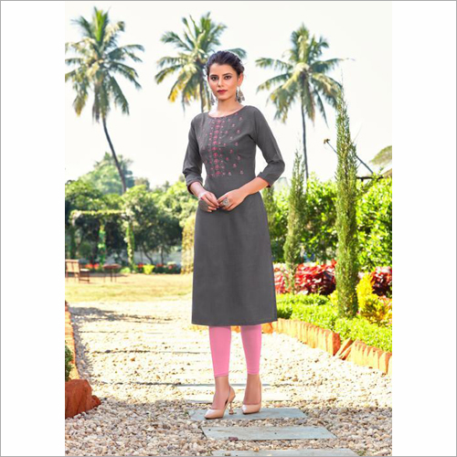 Ladies Designer Ruby Slub Embroidered Kurti