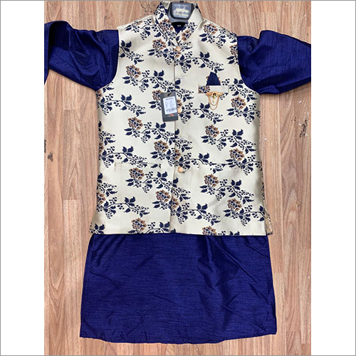 Mens Blue Jacquard Kurta With Jacket Set