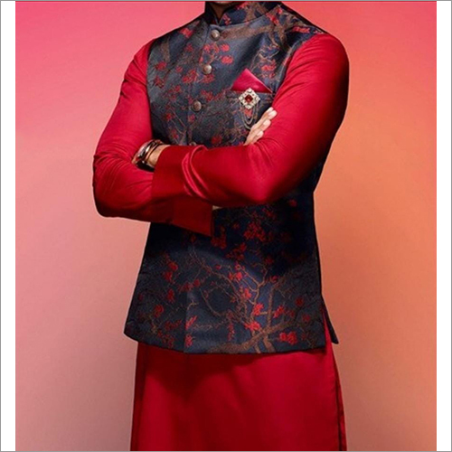 Mens Mesmerizing Red And Blue Kurta With Jacket Set