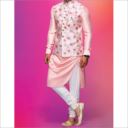 Mens Ethereal Pink Draped Kurta With Jacket Set
