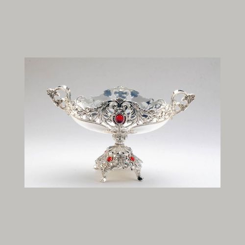 Oval Antique Ruby Stone Studded Silver Bowl With Stand - Small
