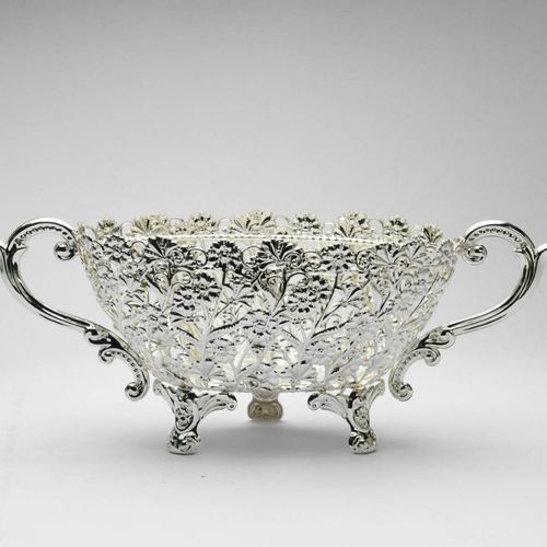 Oval Cutwork Flower Design Silver Plated Bowl, Size- Small