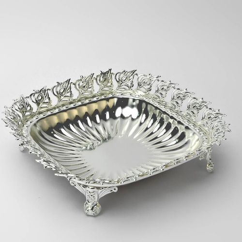 Peacock Leaf Border Round Silver Bowl, Size- Small 	Peacock Leaf Border Round Silver Bowl, Size- Small