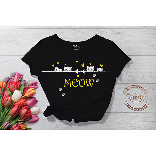 Meow Black Cotton T-shirt