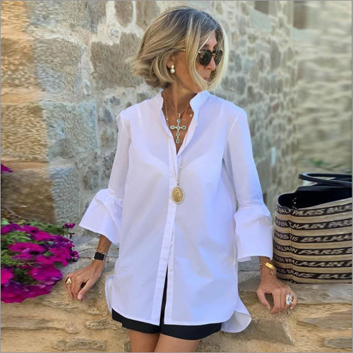 Ladies White Shirt - Cotton, Three-Quarter Sleeve, Mandarin Collar, Relaxed Fit | Ideal for Professional or Casual Wear, Office and Events