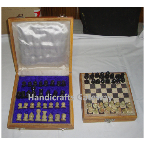 Small Size Beautiful Wooden Chess Set / Board With Stone Coins By HANDICRAFTS GATEWAY